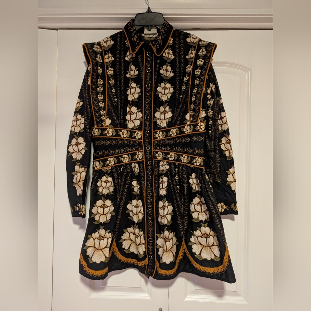 FARM Rio Black Floral Long-Sleeve Button Dress with Gold and Cream Accents - Picture 2 of 12